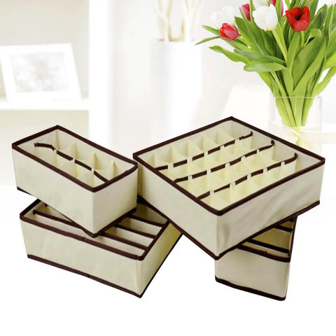 Premium Fashion Forward Non Woven Foldable Drawer Organizer Set For Bras Underwear Socks And Ties, stacked beige dividers with brown trim.