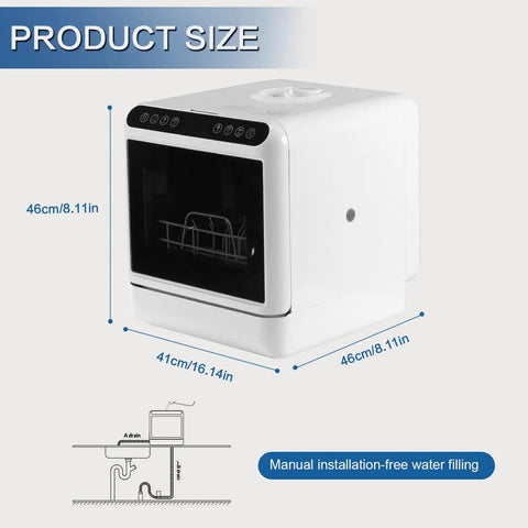 Compact Countertop Dishwasher Featuring Six Liter Built In Tank Plug And Play Setup Renters Dream Portable Kitchen Workhorse image showing dimensions and water filling process.