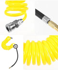 Top Tier Yellow PU Coil Air Hose With Quick Lock Connector For Air Compressor And Pneumatic Tools, 5m durable coil with connectors.