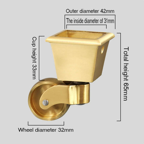 Heavy Duty Solid Brass Caster Wheels For Furniture With 32Mm Square Cup Mount And 360 Degree Swivel Base, dimensions displayed.