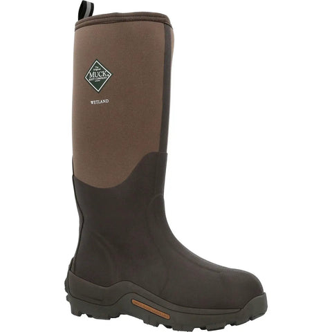 Men's Brown Rubber Wetland Boots With 5mm Neoprene And Calf High Design, showcasing strong grip sole for mud and muck.