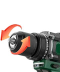 Close-up of metal ratchet chuck on a cordless drill demonstrating Straight Up Knockout Performance From This 16V Cordless Brushless Power Drill Delivers Rugged No Sweat Reliability With A Solid Metal Ratchet Chuck And Extension Bits.