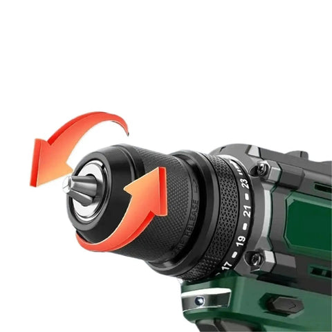 Close-up of metal ratchet chuck on a cordless drill demonstrating Straight Up Knockout Performance From This 16V Cordless Brushless Power Drill Delivers Rugged No Sweat Reliability With A Solid Metal Ratchet Chuck And Extension Bits.
