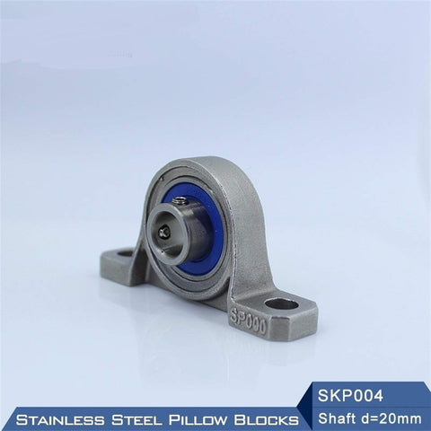 Rock Solid No Wiggle 20mm Stainless Steel Pillow Block Bearing Housing Skp004 mounted bearing assembly shown from the side.