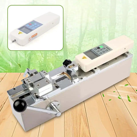 Hardcore Commercial Digital Force Gauge And Push Pull Meter With Slick 500N Tensile Testing Bench Platform For Knockout Horizontal Wire Harness Pull Strength Verification, featuring handheld meter and tensile test stand.