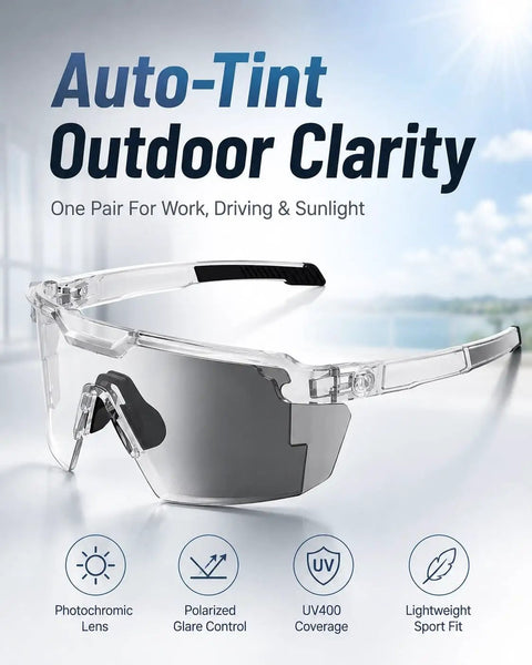 Kickass Impact Resistant Photochromic Polarized Safety Glasses Featuring Adaptive UV400 Lenses That Auto Adjust From Clear To Dark For Outdoor Sports And Daily Grind, lightweight sport fit design.
