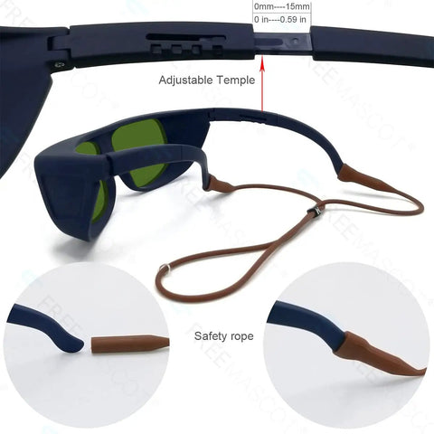 Pro Grade Laser Safety Glasses With Hella Protective OD Six Plus Coverage From 190NM To 1700NM Wavelengths with adjustable temple and safety rope.