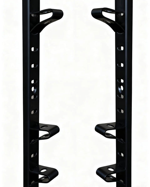 Close-up view of adjustable heavy duty steel brackets for 255 and 256 pilaster strips in black finish, part of 28 Pack Rock Solid Shelf Clips.