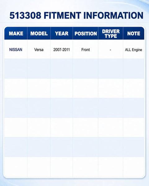 513308 fitment information chart for Complete Pair Of Heavy Duty Front Wheel Bearing And Hub Assembly Units For Nissan Versa Models 2007 To 2011.