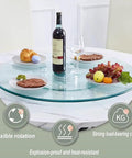 Top Shelf Thick Tempered Glass Lazy Susan Rotating Serving Tray featuring wine, plates, and finger foods on a dining table.