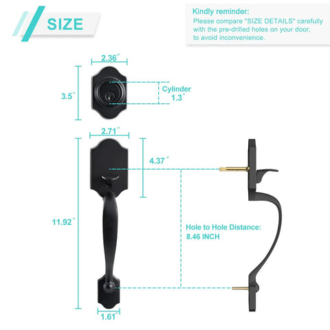 Double Front Door Handle Set With Knobs Matte Black Finish Keyed Handle And Dummy Front Door Lock dimensions and design