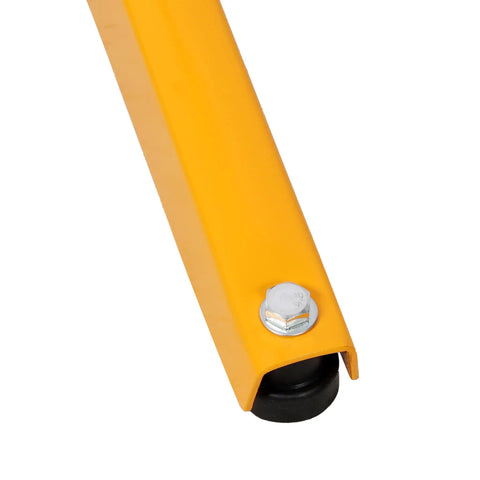 Close-up view of the yellow metal base with a black roller and bolt for Rock Solid Adjustable V Pipe Roller Stand.
