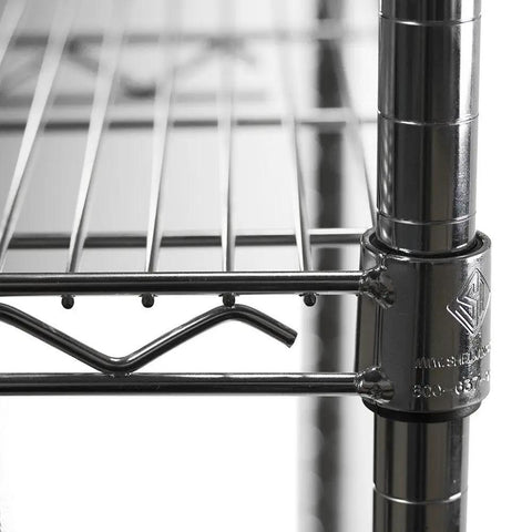 Close-up of Heavy Duty Chrome Wire Shelving Rack 24 By 12 By 64 Inches, featuring adjustable shelf brackets and sturdy wire design.