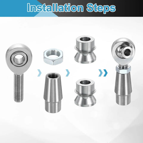 Installation steps for Built Tough One Half Inch Rod End Kit with chrome steel joints and nuts.