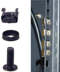 Precision Heavy Duty M6 Cage Nut Kit With Screws And Protective Washers For Server Rack Mounting including black nuts and screws.