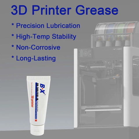 High Temperature 3D Printer Grease 1oz High Viscosity Lubricant tube displayed next to a 3D printer, emphasizing precision lubrication.
