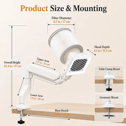 Badass 60W Nail Dust Collector Featuring Slick 360 Degree Cyclone Suction Technology And Heavy Duty Reusable Filter For Hella Quiet Salon Manicure Sessions At Home size and mounting diagram with measurements for filter and arm