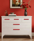Premium Adjustable Cabinet Handles 6 Pack Kitchen Drawer Pulls Aluminum Red Knobs on white dresser against red wall.