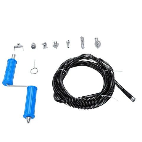 Heavy Duty Drill Powered Drain Snake And Flexible Auger Cable, black spiral cable with blue handles and multiple cutter heads.