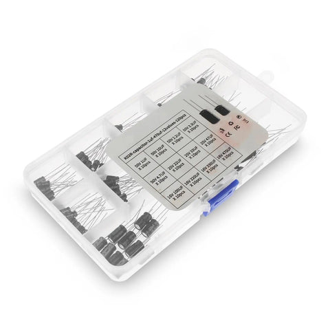 Knockout 120 Piece Electrolytic Capacitor Assortment Kit with assorted capacitors in transparent storage case for DIY builds.