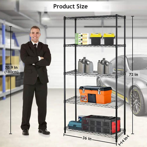 Rock Solid Five Tier Heavy Duty Wire Shelving Unit With Adjustable Metal Storage Shelves For Garage Closet Pantry, Black Corrosion Resistant Rack with dimensions and storage items.