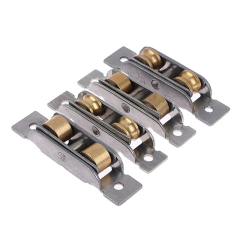 Pro Grade Heavy Duty Stainless Steel Double Wheel Sliding Door And Window Pulley Kit With Slick Groove Track Rollers close-up view.