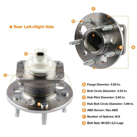 Rear Wheel Bearing Hub Assembly For Chevy Buick Pontiac With Abs Sensor 5 Lug Direct Oem Replacement showing detailed measurements and design.