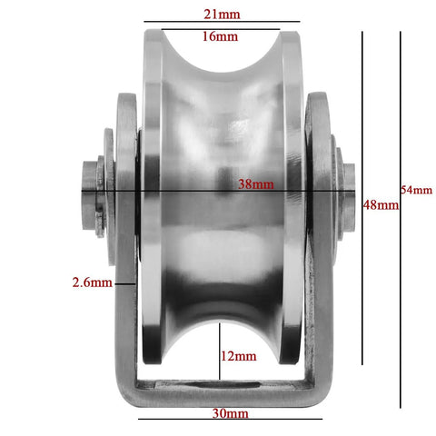 Rock Solid Badass Heavy Duty Groove Wheel Pulley Block Crafted from Bombproof 304 Stainless Steel, showing dimensions and design details.