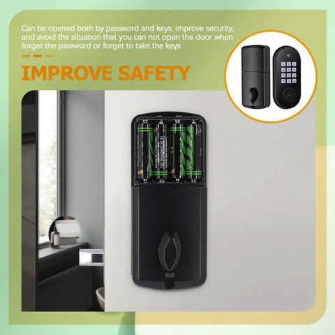 Heavy Duty Keyless Entry Door Lock With Bright Glowing Keypad Rock Solid Electronic Deadbolt Battery compartment detail.