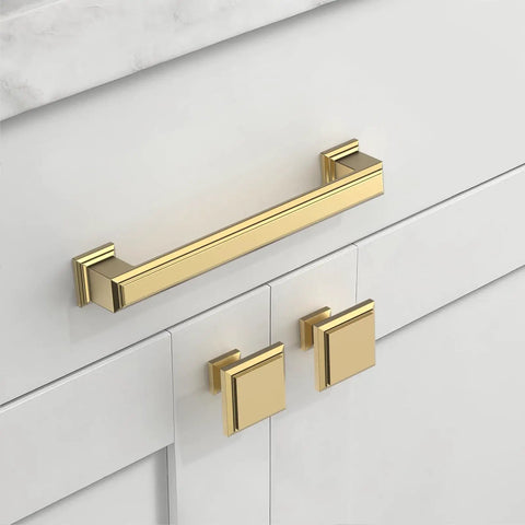 Slick Brushed Brass Cabinet Handles For Kitchen Upgrade Set Of Ten 5 Inch Heavy Duty Metal Pulls with square design.