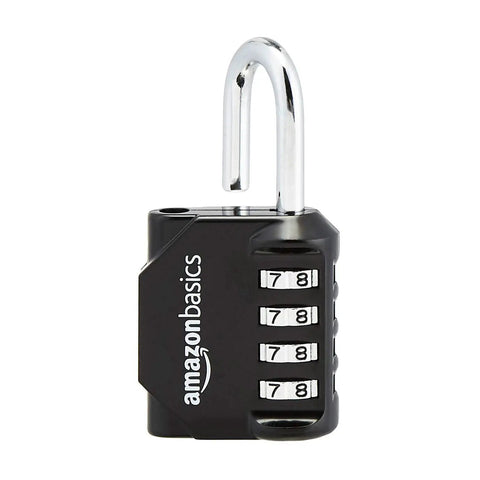 Close-up of a Four Digit Combination Lock Black Two Pack With Easy Read Side Window Durable Zinc Alloy Build 10,000 Codes For Luggage Gym Lockers Bikes And More Everyday, showing side window and shackle.