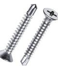 Hardcore Boss Grade 440 Piece 410 Stainless Steel Self Tapping Screw Assortment Kit For Sheet Metal Flat Big Flat Hex Head Rustproof Pro Hardware Combo Silver Finish two hex head screws arranged diagonally.