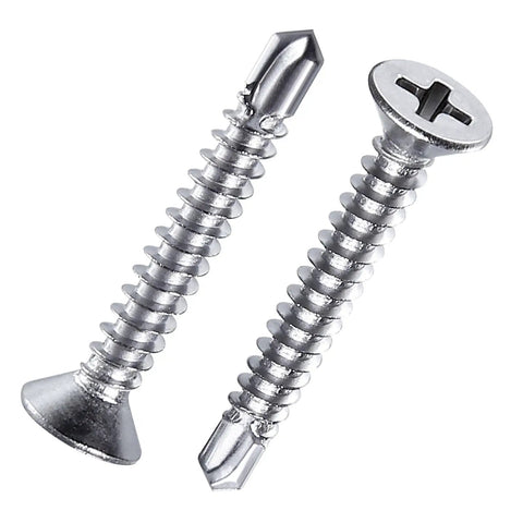 Hardcore Boss Grade 440 Piece 410 Stainless Steel Self Tapping Screw Assortment Kit For Sheet Metal Flat Big Flat Hex Head Rustproof Pro Hardware Combo Silver Finish two hex head screws arranged diagonally.