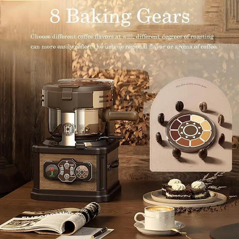 Automatic Coffee Bean Roaster For Home Use 150G With Built In Smoke Remover And Chaff Catcher Quiet Design on wooden table.