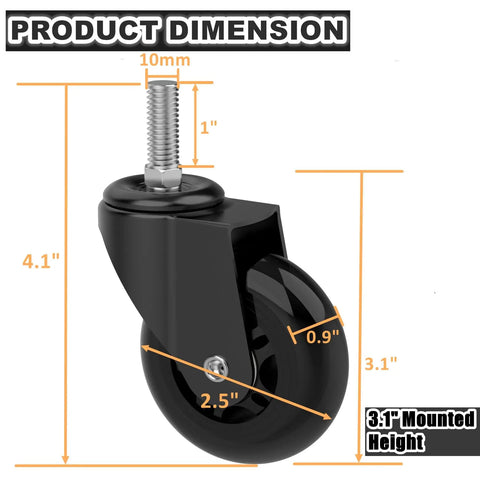 Product dimensions of Heavy Duty 6 Pack Creeper Replacement Wheels 2.5 Inch Smooth Rolling Rubber Casters with M10 X 1 Stem.
