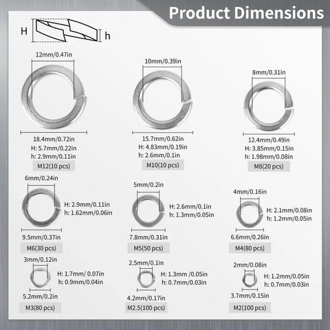 Massive 480-Piece Stainless Steel Lock Washer Kit M2–M12 With Storage Box, 9 Sizes, Spring Lock Washers, Heavy-Duty, Rust-Resistant 304 Grade For Auto, Furniture, And DIY Repairs, size chart