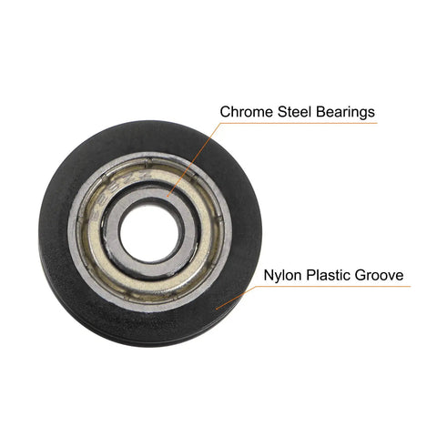 Close-up of Top Shelf U Groove Pulley Set With Heavy Duty Nylon Guide Wheels For Garage Doors and Sliding Tracks.
