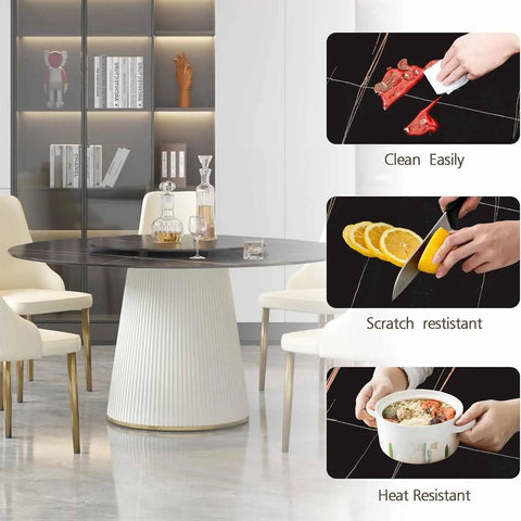 Hella Durable 40 Inch Lazy Susan Rotating Serving Tray Cut From Thick Sintered Stone With A Smooth As Butter 360 Swivel Design That Is Truly A Kitchen Game Changer For Big Family Gatherings In Clean Black on a dining table.