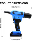 Rechargeable Brushless Electric Rivet Gun Heavy Duty Industrial Rivet Puller with dimensions displayed, 330MM x 265MM x 85MM.