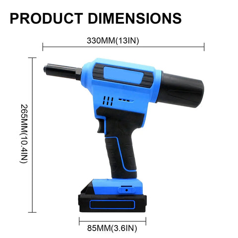 Rechargeable Brushless Electric Rivet Gun Heavy Duty Industrial Rivet Puller with dimensions displayed, 330MM x 265MM x 85MM.
