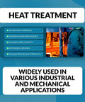 Image highlighting heat treatment benefits like increased hardness and wear resistance, applicable in various industrial uses.