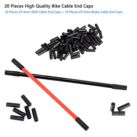 Must Have Premium Bicycle Cable End Caps Set, 20 Pieces 4mm and 5mm, end caps shown with red and black rods for MTB and road bikes