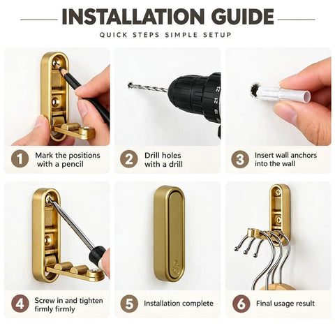 Installation guide steps for Heavy Duty Foldable Wall Hooks Set Of Two Knockout Gold Finish Built To Rock With Super Sturdy Zinc Alloy Mounts Effortlessly.