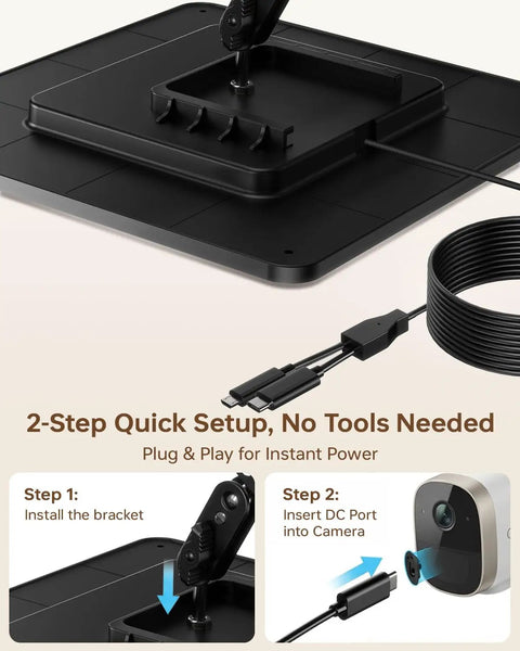 Dual Pack Six Watt Solar Charging Panels For Outdoor Security Cameras Built Like A Tank With Ip67 Weatherproof Housing And 360 Degree Swivel Mount For Hassle Free Plug And Play Surveillance Setup, showing step-by-step installation guide.