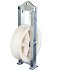 Built Like A Tank Heavy Duty Cable Pulley Block Featuring Galvanized Channel Steel Housing And A Smooth Rolling Nylon Wheel, side view.