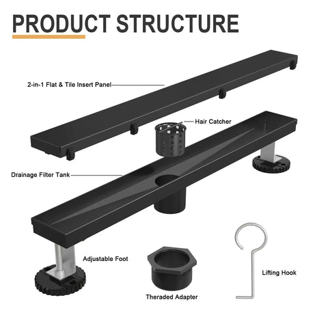 24 Inch Linear Shower Drain Tile in Grate Matte Black Floor Drain Kit No Flange shown with hair catcher and adjustable foot.