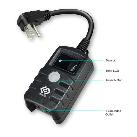 Slick Outdoor Light Timer With Hassle Free Photocell Dusk To Dawn Sensor And Weatherproof Countdown Plug close-up display with timer, sensor, and grounded outlet.