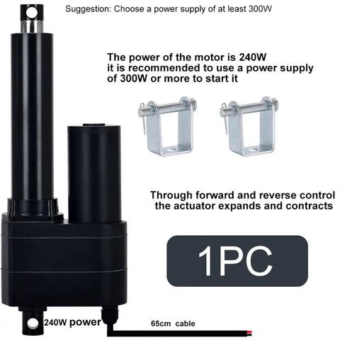 Heavy Duty Electric Linear Actuator DC 12 Volt Stainless Steel Motor Drive Push Rod Assembly shown with 240W motor and brackets.