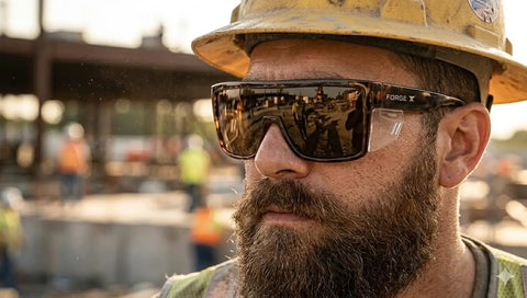ANSI Z87+ Safety Sunglasses Packing Polarized Lenses For Work, Surf, And PPE. User outdoors with construction backdrop.