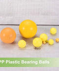 Hardcore 100 Piece Polypropylene Plastic Bearing Balls 5/32 Inch 3.94 mm Yellow G2 Accuracy displayed in various sizes.